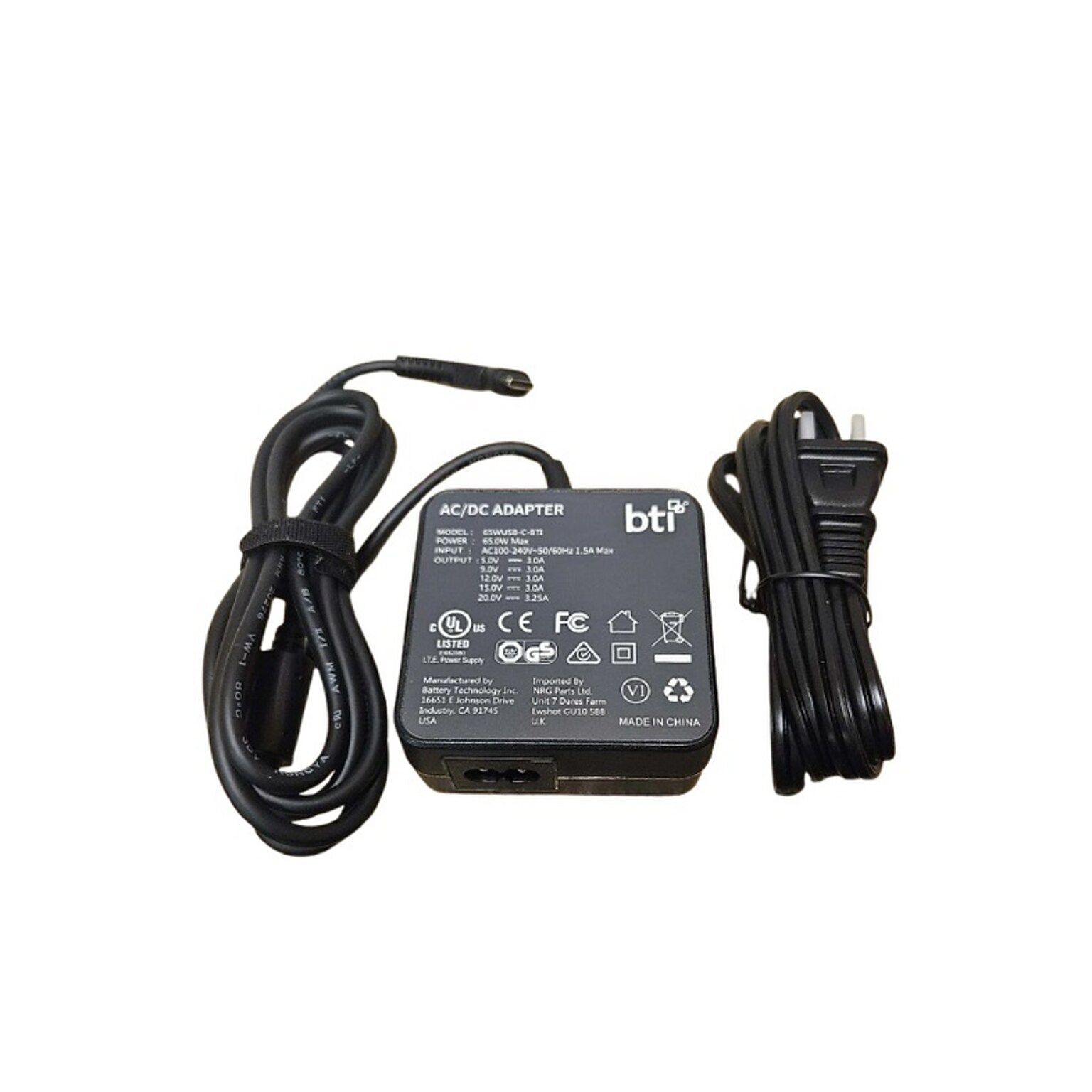 BTI 65W USB-C AC Adapter for Multiple Laptops, Black (65WUSB C BTI)