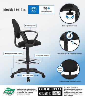 Boss Ergonomic Works Armless Drafting Stool with Backrest and Footrest, Tweed Fabric, Black (B1617-B