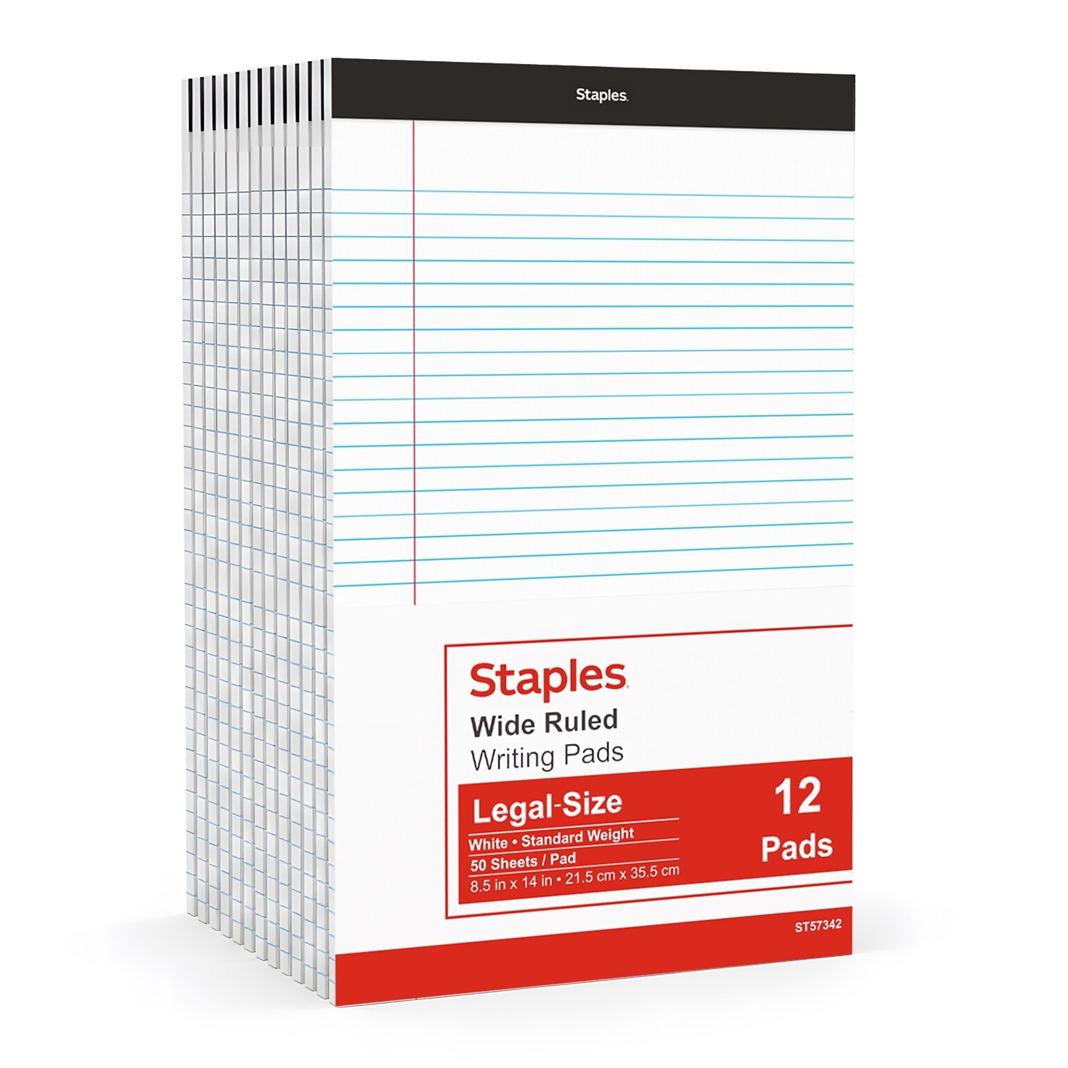 Staples Notepads, 8.5 x 14 (legal), Wide Ruled, White, 50 Sheets/Pad, Dozen Pads/Pack (ST57342)