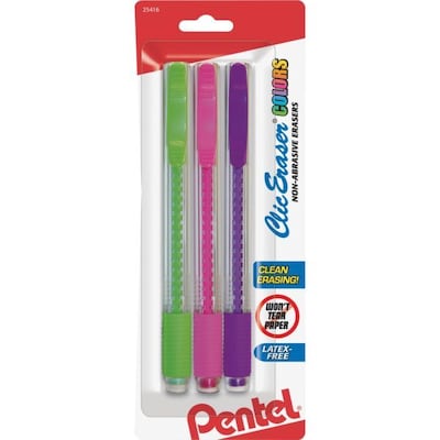 Pentel Clic Stick Erasers, Assorted Colors, 3/Pack (ZE23BP3M)