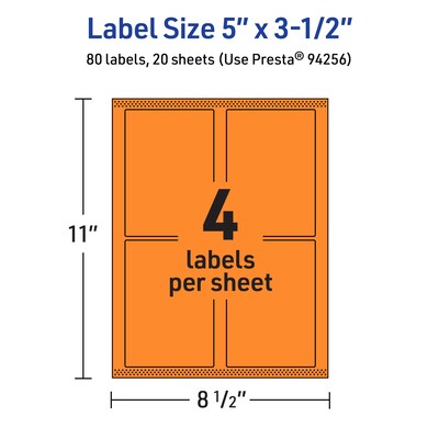 Avery Laser/Inkjet Multipurpose Rectangle Labels, 5" x 3.5", Bright Orange, 80/Pack (94256)