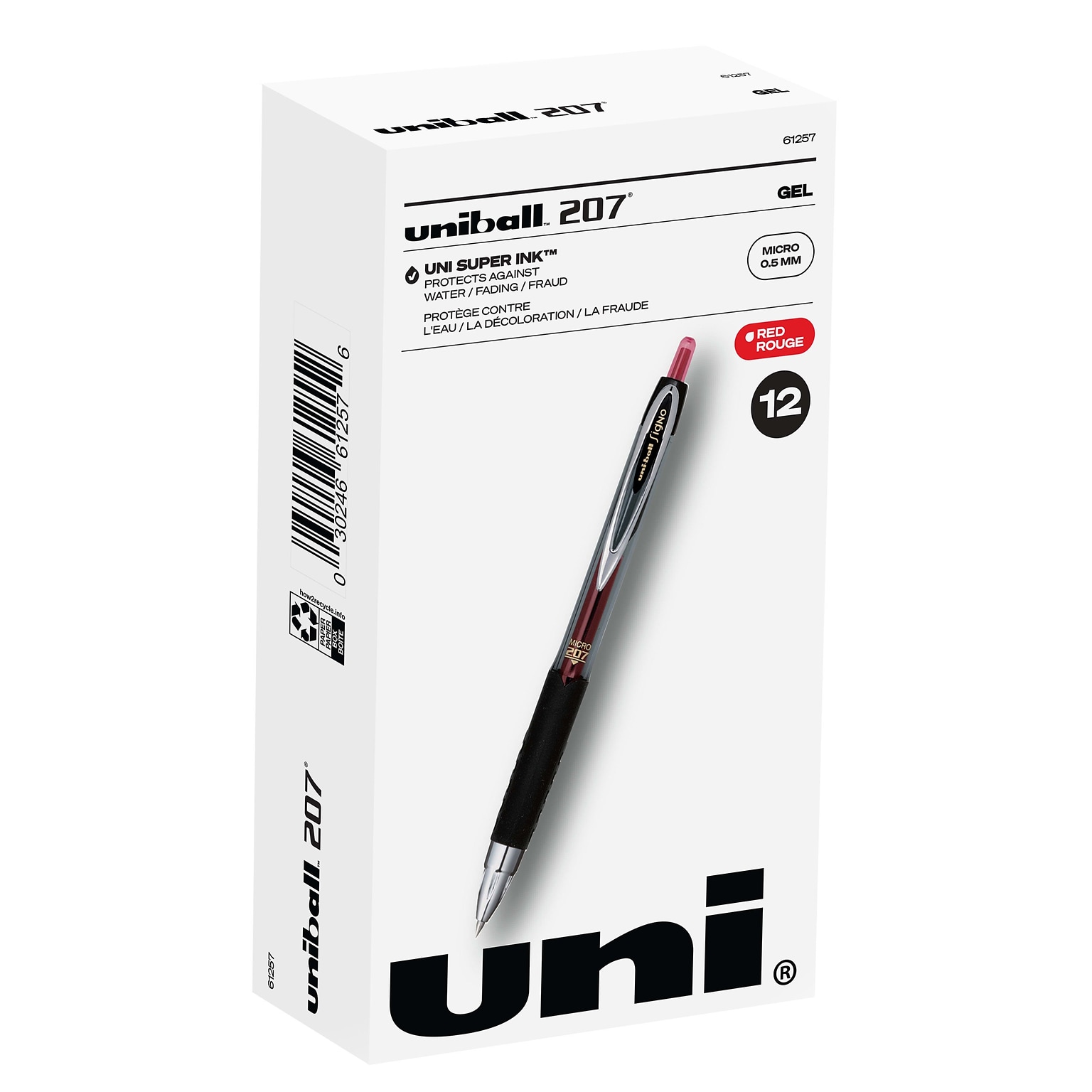 uniball 207 Retractable Gel Pens, Micro Point, 0.5mm, Red Ink, Dozen (61257)