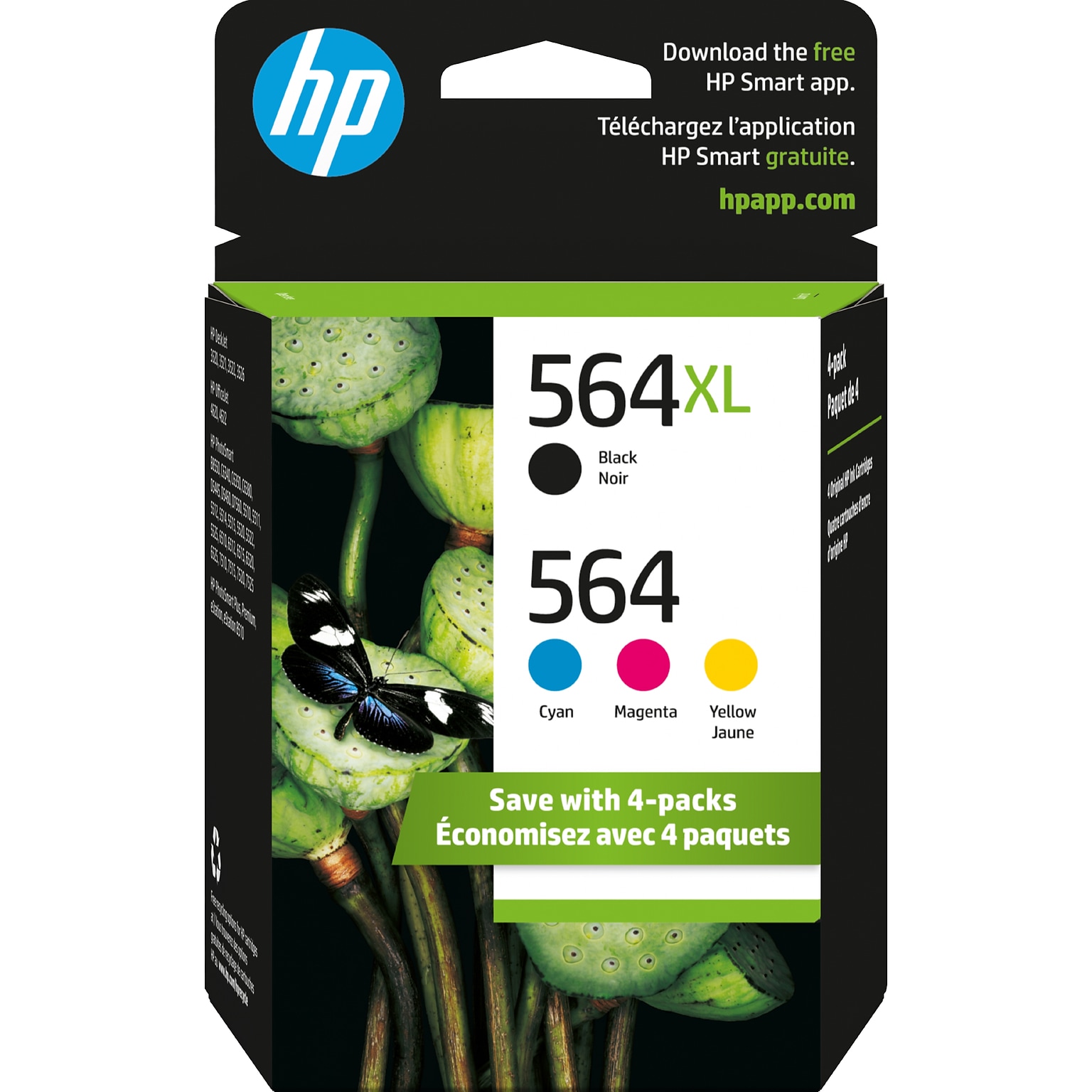 HP 564XL/564 Black High Yield and Cyan/Magenta/Yellow Standard Yield Ink Cartridge, 4/Pack (N9H60FN#140)