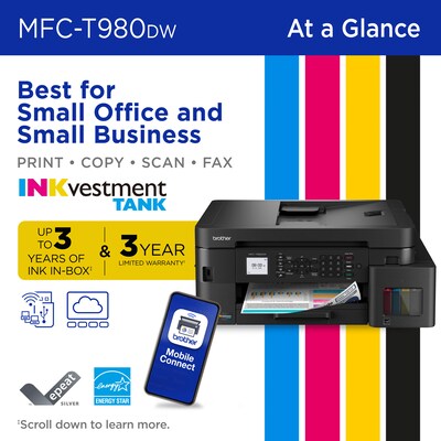 Brother INKvestment Tank MFC-T980DW Wireless Color All-In-One Supertank Inkjet Printer, Best for Home Office
