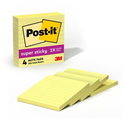 Post-it Super Sticky Notes, 4 x 4, Canary Collection, Lined, 90 Sheets/Pad, 4 Pads/Pack (675-4SSCY)
