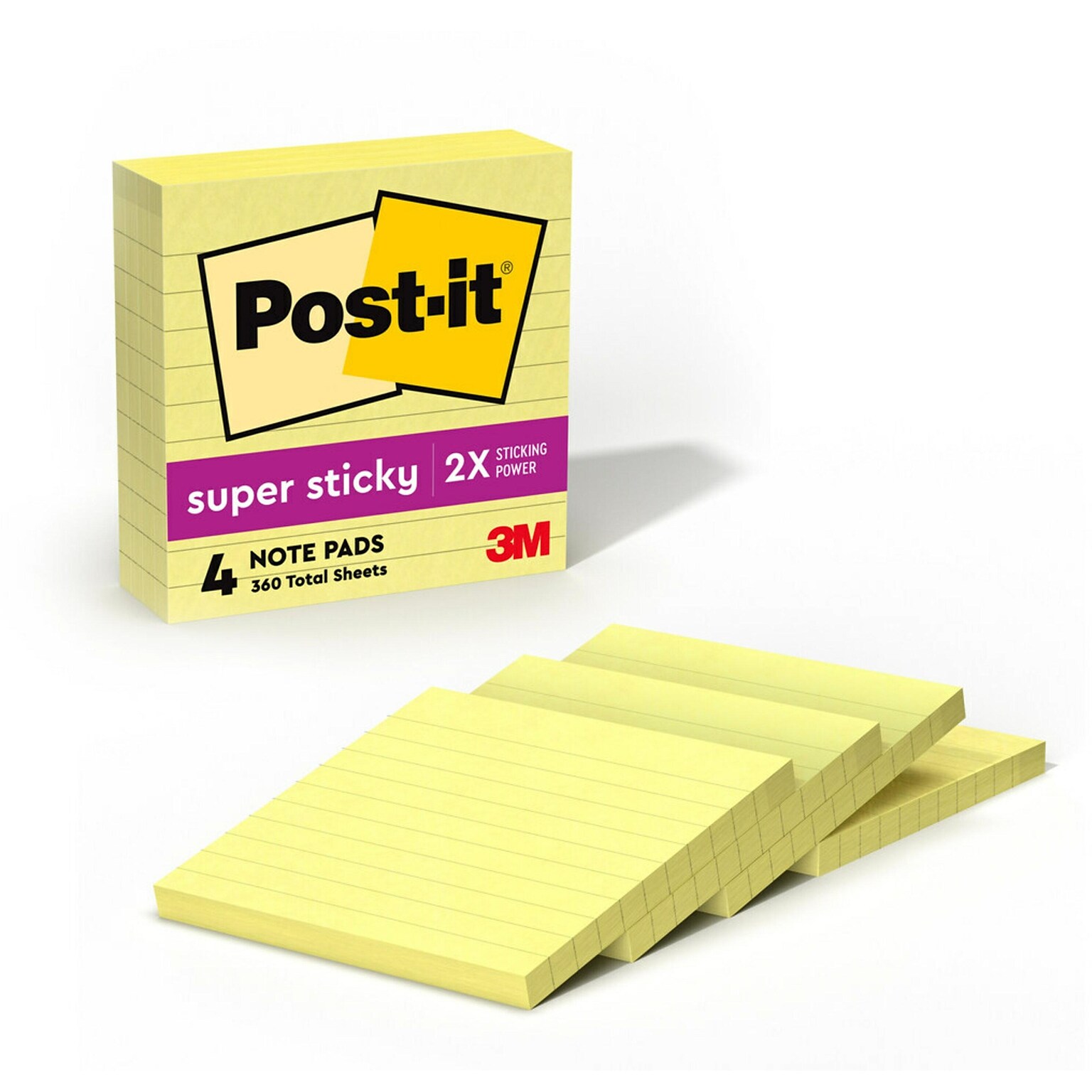 Post-it Super Sticky Notes, 4 x 4, Canary Collection, Lined, 90 Sheets/Pad, 4 Pads/Pack (675-4SSCY)
