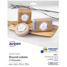 Avery Easy Peel Laser/Inkjet Round Labels, 2 Diameter, Glossy White, 12 Labels/Sheet, 10 Sheets/Pac