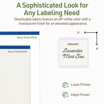 Avery Dissolvable Square Multipurpose Labels, 2" x 2", Off-white, 120/Pack (94107)