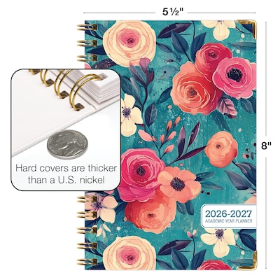 2026-2027 Excello Brands 8" x 5.5" Academic Weekly & Monthly Planner, Paperboard Cover, Teal Floral (FSHN-AY26-58-17)