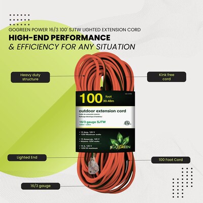 GoGreen Power 100' Indoor/Outdoor Extension Cord, 16 AWG, Orange (GG-13700)