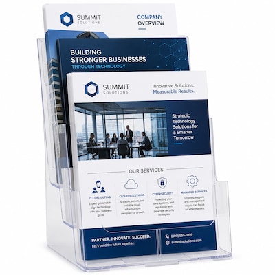 Azar Displays Three-Tier Brochure Holder, 9.25" x 13.25", Vertical, Table Top, Clear, Plastic (252378)