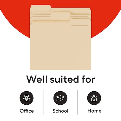 Staples 30% Recycled Reinforced File Folders, Letter Size, 1/3-Cut Tabs, Manila, Durable Eco-Friendly Paper Stock, 100/Box