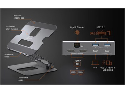 j5create 11.4" x 8.9" Aluminum Multi-Angle Dual-HDMI Docking Stand, Space Gray/Silver (JTS427)