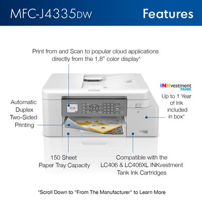 Brother INKvestment Tank MFC-J4335DW Wireless Color Inkjet Printer, All-In-One Supertank, Print, Scan, Copy, Fax