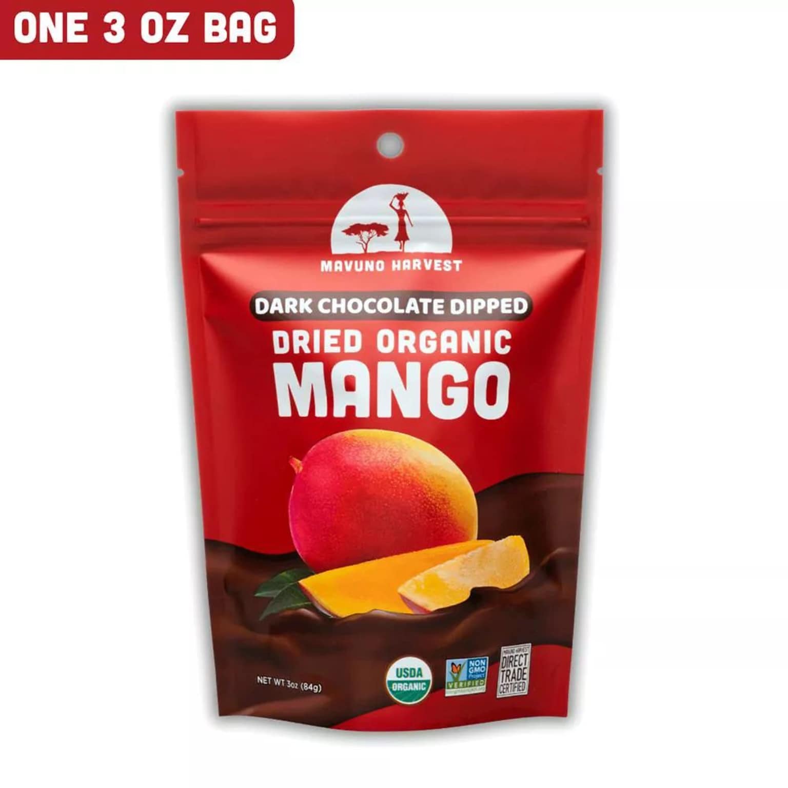 Mavuno Harvest Organic Dried Mango Dipped in Dark Chocolate Fruit Snacks, 3 oz., 6 Bags/Pack (MAHW-CMN36PK)