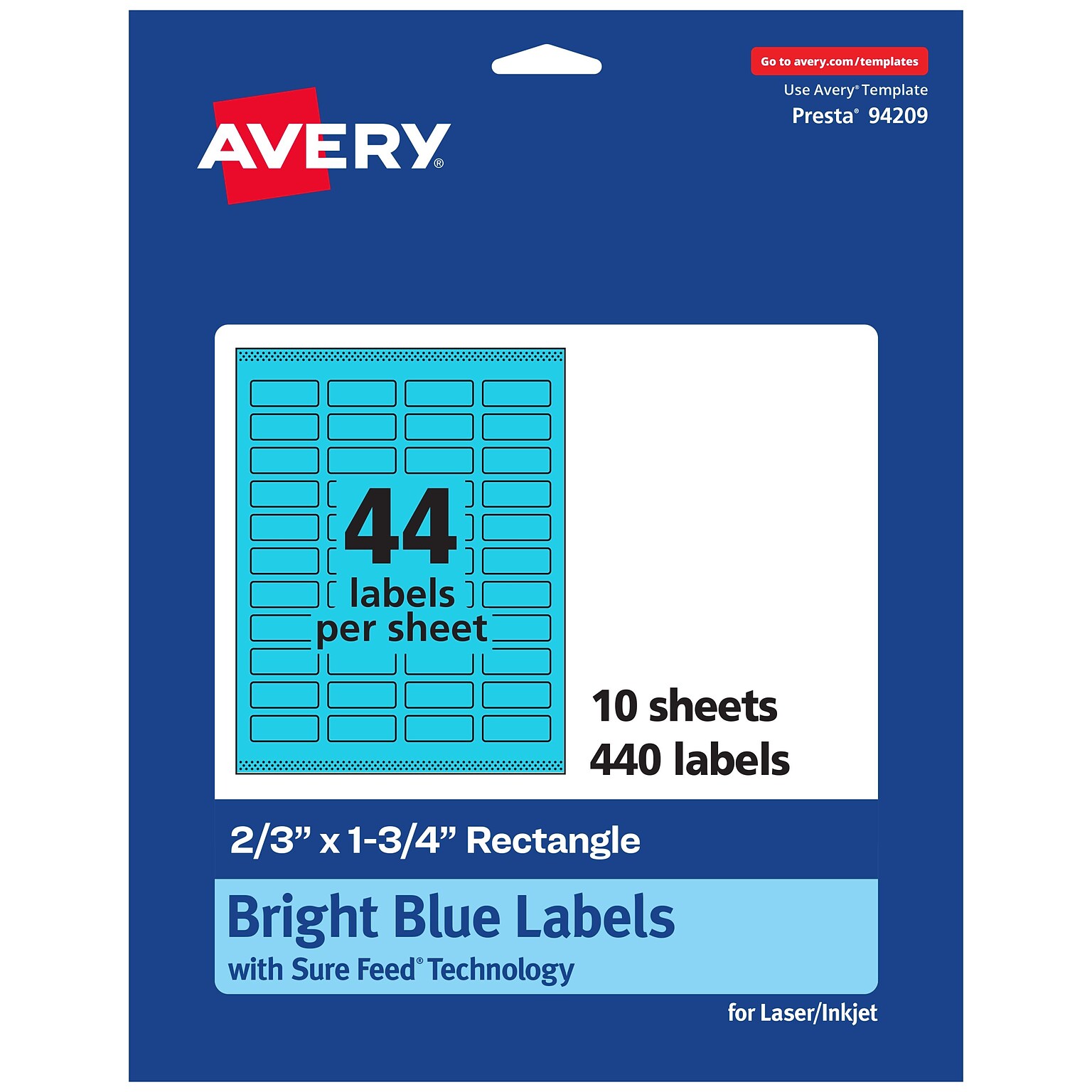 Avery Printable Rectangle Multipurpose Labels, 2/3 x 1-3/4, Bright Blue, 440/Pack (94209)