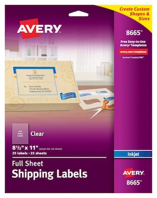 Avery Inkjet Shipping Labels, 8 1/2 x 11, Clear, 1/Sheet, 25 Sheets/Pack  (8665)