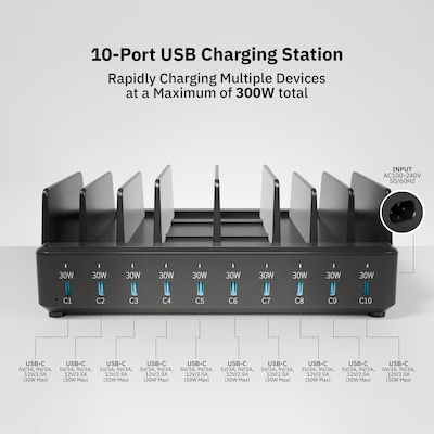 CODi 10 Port USB-C Charging Station, 300W, Black (CS-10Port-C)