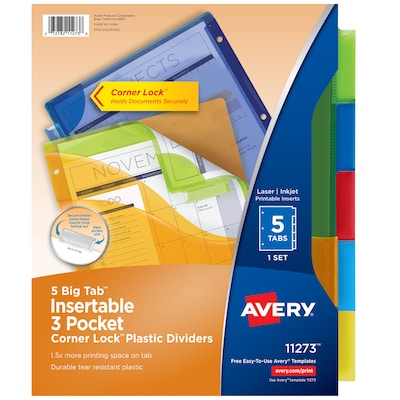 Avery Big Tab Corner Lock Insertable Plastic Dividers with 3 Pockets, 5 Tabs, Multicolor (11273)