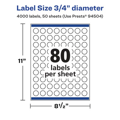 Avery Laser/Inkjet Round Multipurpose Labels, 0.75" Dia., White, 4,000 Labels/Box (94504)