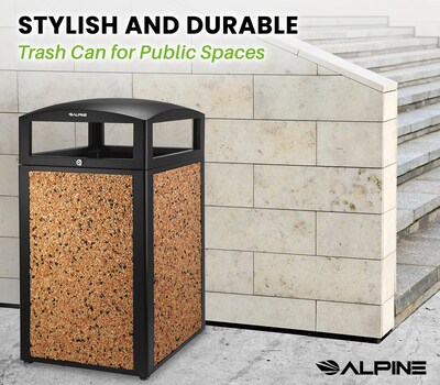 Alpine Industries Steel Outdoor Trash Can with Dome Lid, 40 Gallon, Stone (471-40-STO)