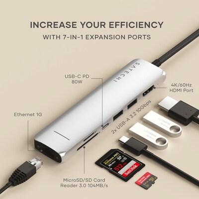 Satechi 7-in-1 USB-C Slim Multiport Adapter with Ethernet, Silver (ST-P7SS)