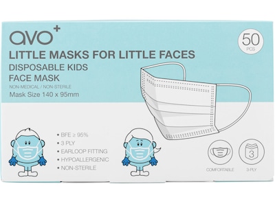 AVO+ 3-ply Disposable Face Mask, Kids, Blue, 50/Box, 2 Boxes/Case (TBN203188)