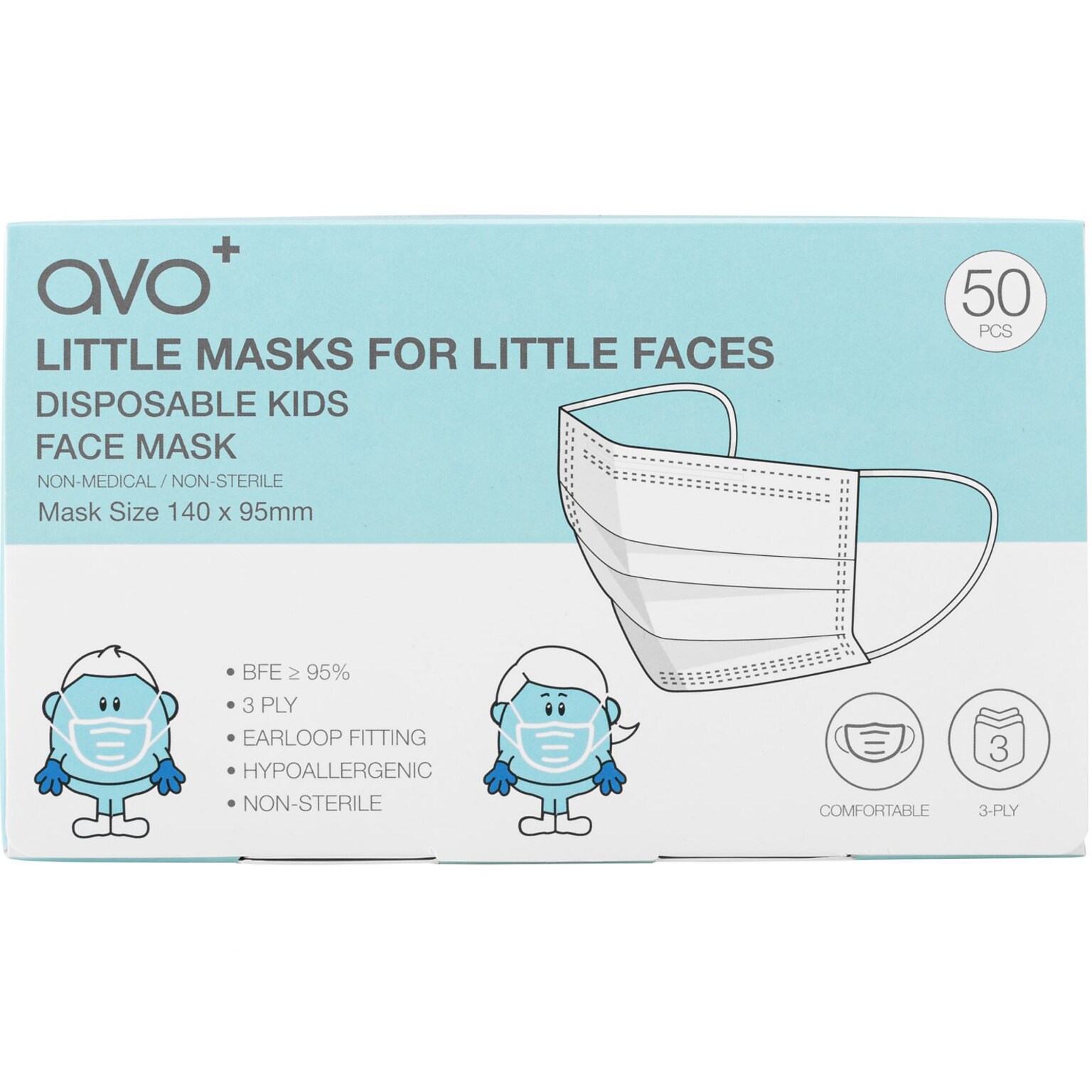 AVO+ 3-ply Disposable Face Mask, Kids, Blue, 50/Box, 2 Boxes/Case (TBN203188)