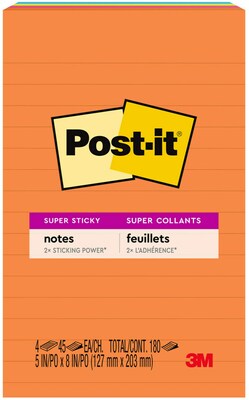Post-it Super Sticky Notes, 5 x 8, Energy Boost Collection, Lined, 45 Sheet/Pad, 4 Pads/Pack (5845