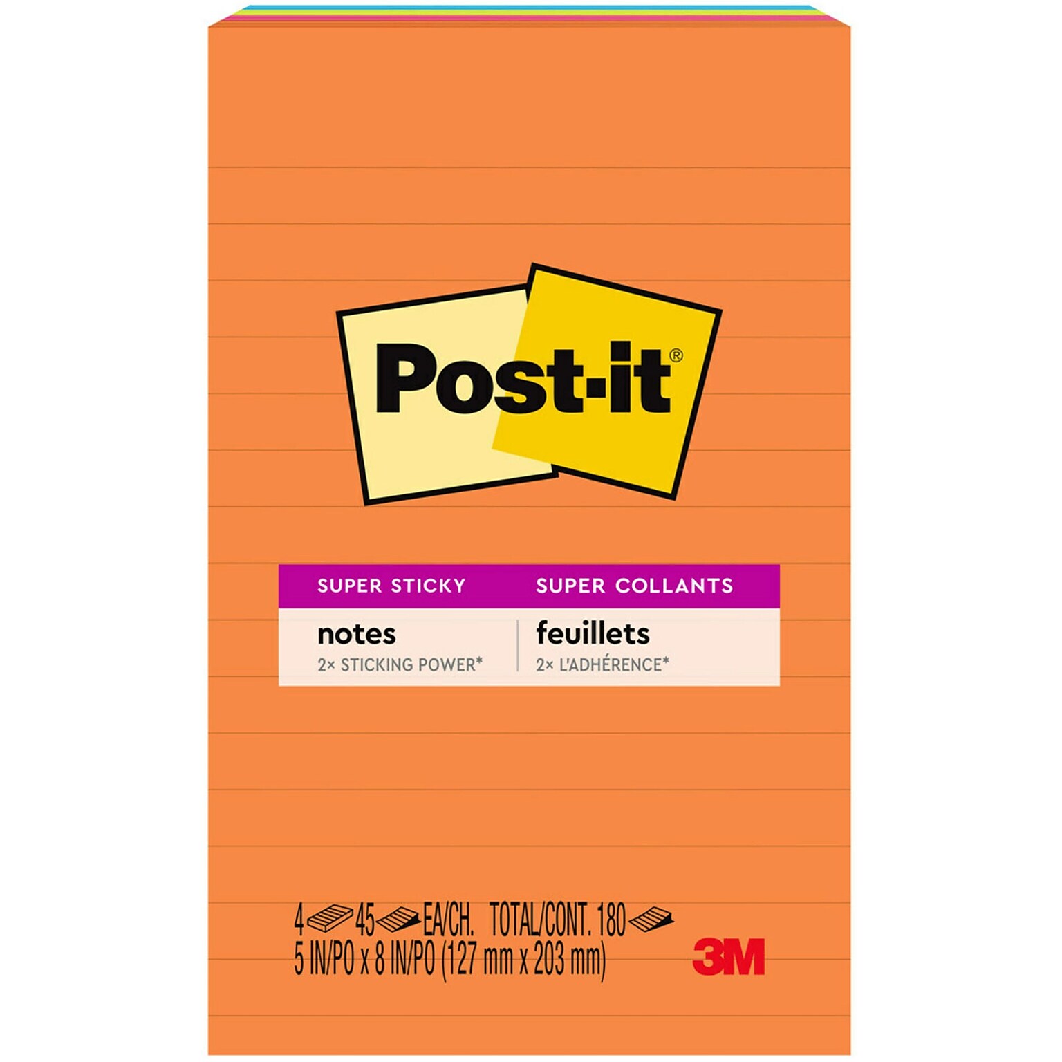 Post-it Super Sticky Notes, 5 x 8, Energy Boost Collection, Lined, 45 Sheet/Pad, 4 Pads/Pack (5845SSUC)