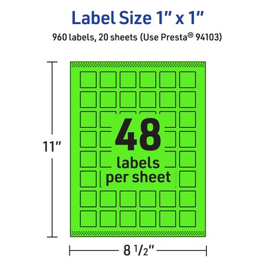 Avery Laser/Inkjet Multipurpose Square Labels, 1" x 1", Neon Green, 960/Pack (94103)