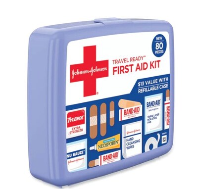 Johnson & Johnson Red Cross Travel Ready Portable Emergency First Aid Kit, 80 Pieces, Plastic Case (JOJ202068)