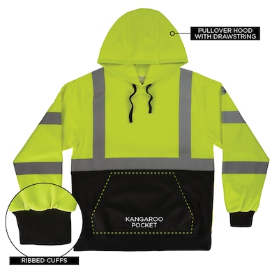 GloWear 8311BK High Visibility Long Sleeve Black Bottom Hooded Sweatshirt, ANSI Type R Class 3, Lime, Medium (22873)