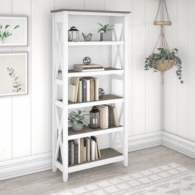 Bush Furniture Key West 5-Shelf 66"H Bookcase, Shiplap Gray/Pure White (KWB132G2W-03)