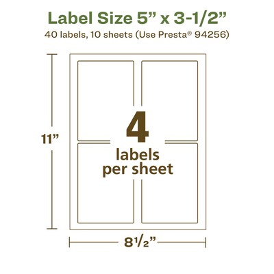 Avery EcoFriendly Laser/Inkjet Rectangle Multipurpose Labels, 5" x 3-1/2", White, 40/Pack (94256)