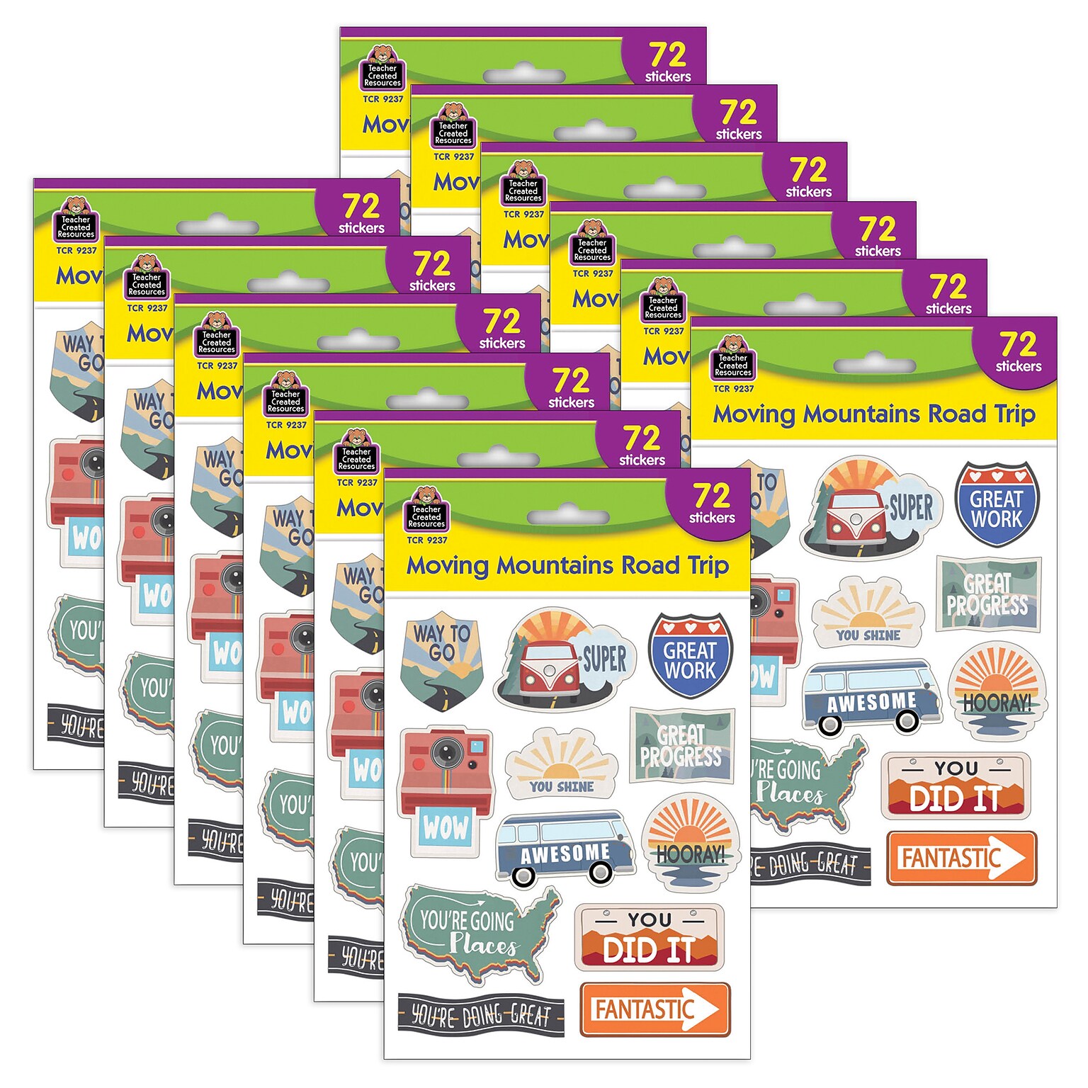 Teacher Created Resources Moving Mountains Road Trip Stickers, Multicolored, 72/Pack, 12/Packs/Bundle (TCR9237-12)