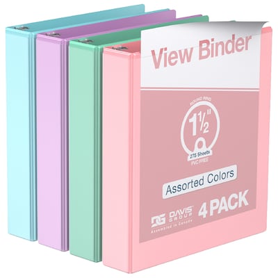 Davis Group, 1.5, 8.5 x 11, Round Ring View Binder, Assorted Pastel Colors, 4/Pack (7412-88-04)