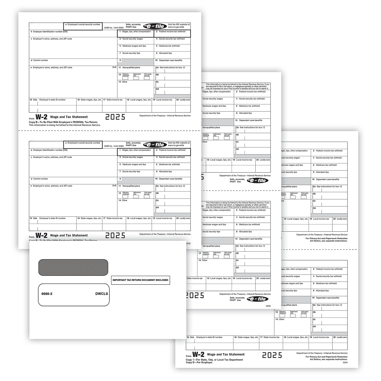 ComplyRight 2025 W-2 Tax Form Envelopes/Recipient Copy Only, 5-Part, 2-Up, Copy B, C/2, D/1, 25/Pack (5648E25)