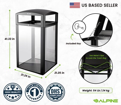 Alpine Industries Steel/PC Outdoor Trash Can with Dome Lid, 40 Gallon, Clear (471-40-CLR)