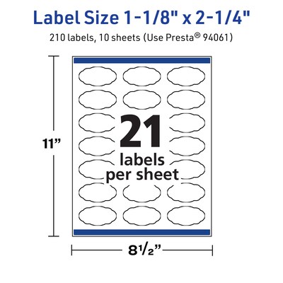 Avery TrueBlock Laser/Inkjet Decorative Edge Multipurpose Labels, 1-1/8" x 2-1/4", White, 210/Pack (94061)