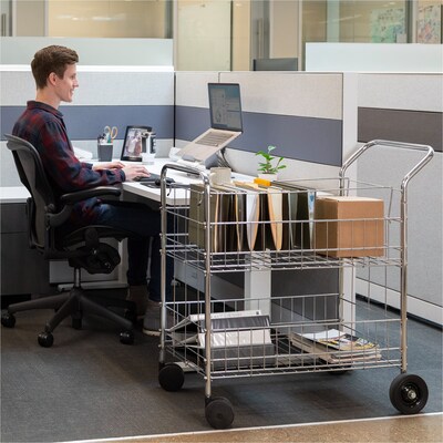 Fellowes 2-Shelf Metal Mobile Mail Cart with Dual Wheel Front Casters, Chrome (40912)