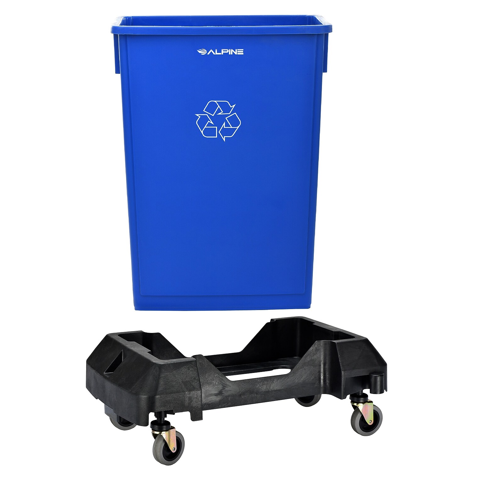 Alpine Industries Polypropylene Recycling Bin and Dolly, 23 Gallon, Blue (ALP477-R-BLU-PKD)