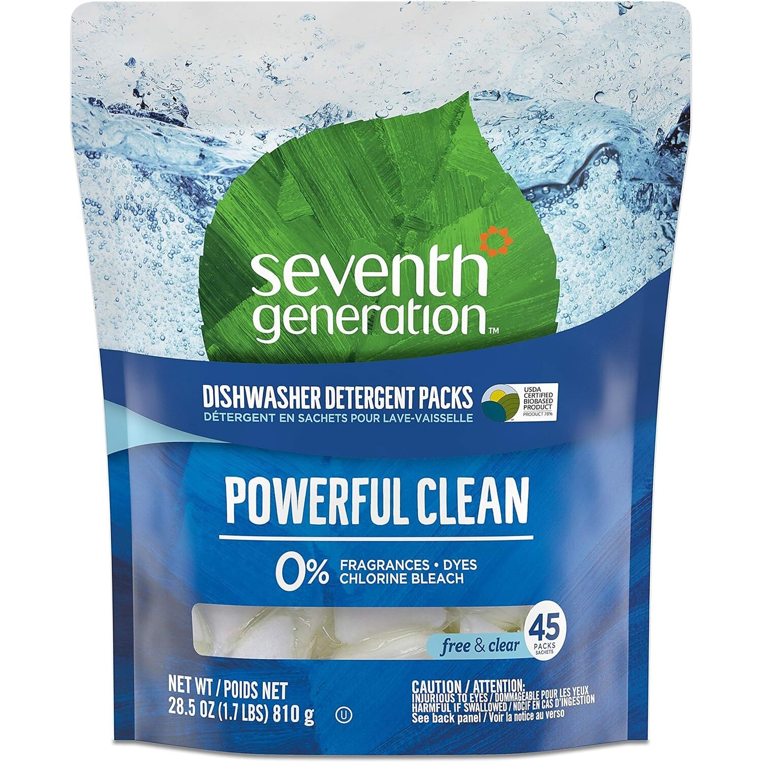Seventh Generation Natural Automatic Dishwasher Detergent Packs, Free and Clear, 45 Powder Packets