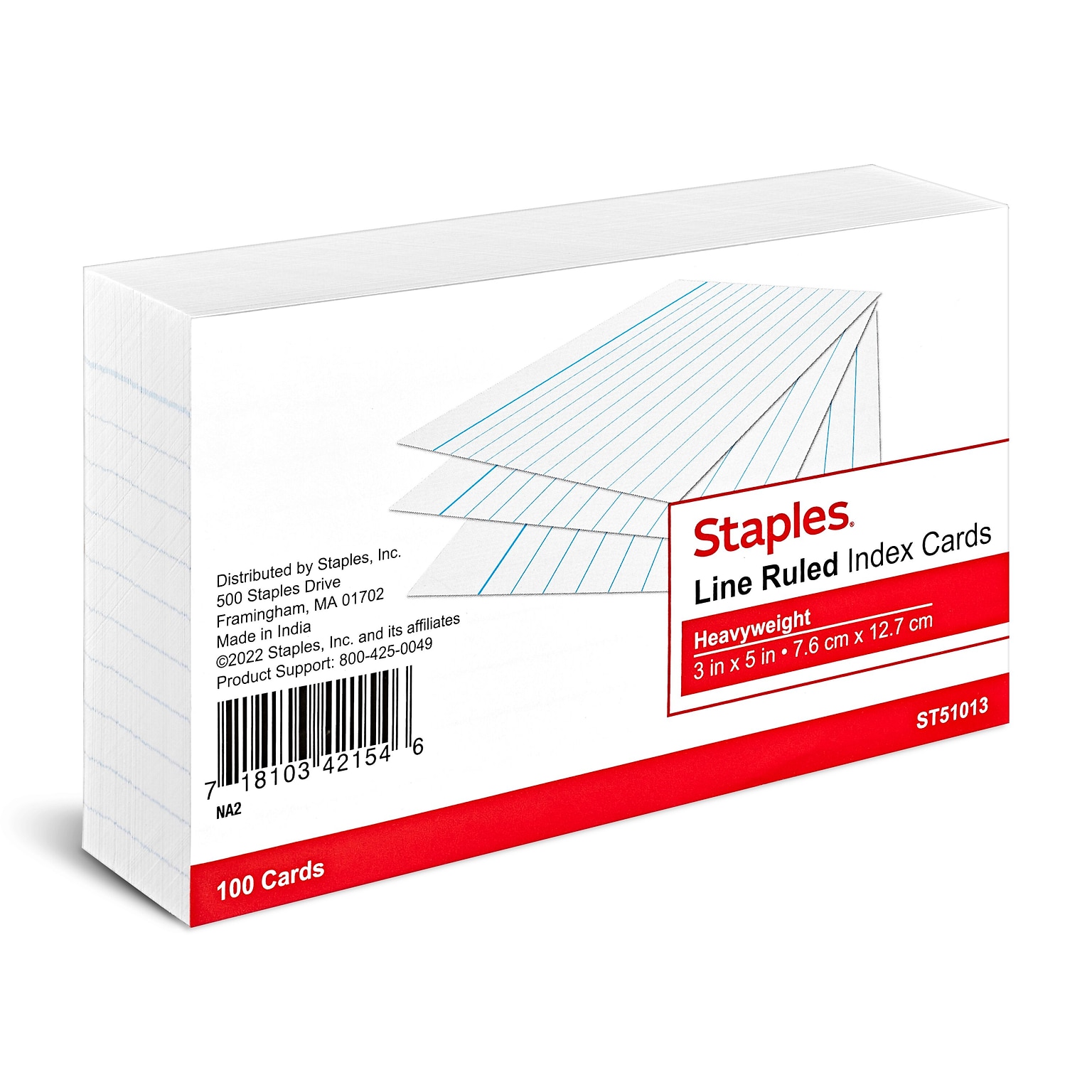 Staples Brand 3 x 5 Index Cards, Lined, White, 100/Pack (ST51013-CC)