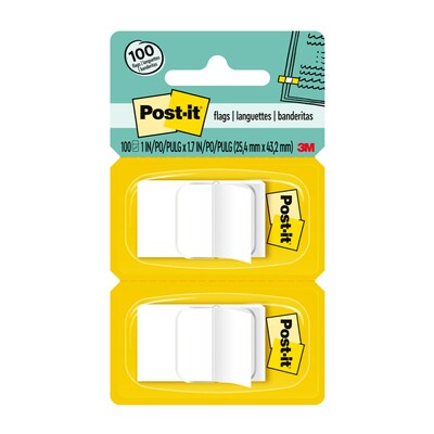 Post-it® Flags, 1 Wide, White, 2 Pads of 50, 100 Flags/Pack (680-WE2)