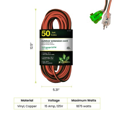 GoGreen Power 50 Indoor/Outdoor Extension Cord, 14 AWG, Orange (GG-13850)