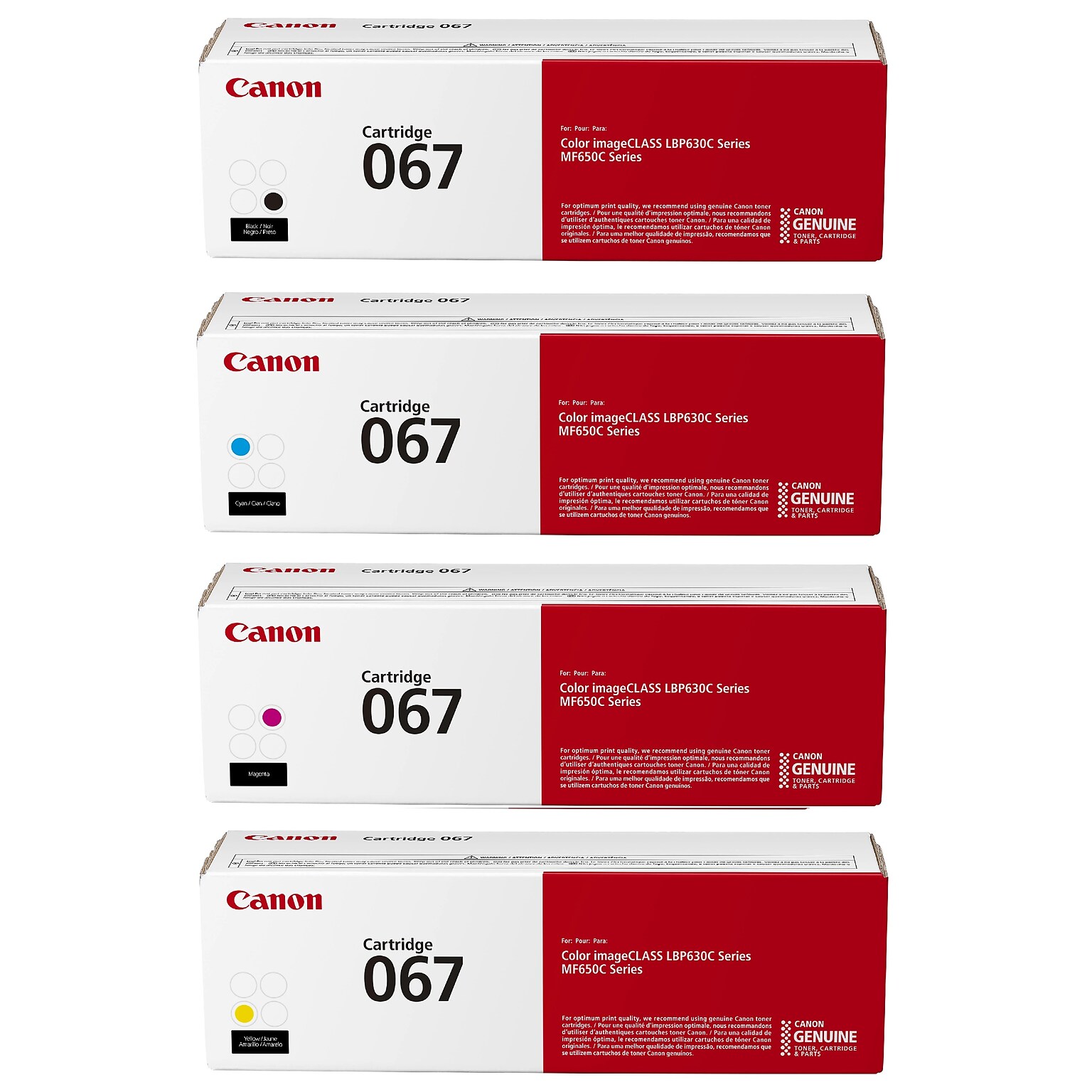 Canon 067 Black/Cyan/Magenta/Yellow Standard Yield Toner Cartridges, 4/Pack (CRG067CMYK-STP)