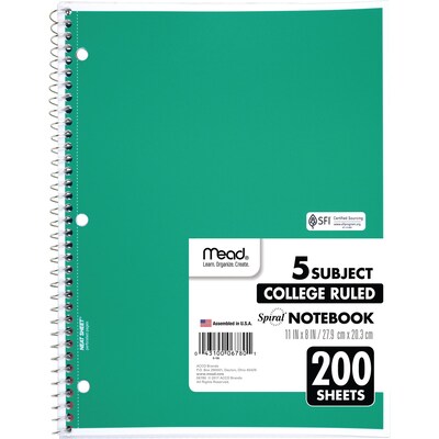 Mead 5-Subject Notebook, 8.5" x 11", College Ruled, 200 Sheets, Assorted Colors, Each (06780)