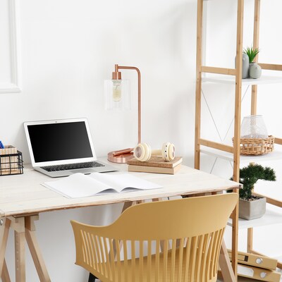 Creekwood Home Vintage Vantage 18.8" Minimalist Industrial Curved Arm Desk Lamp w/ Clear Glass Shade, Rose Gold (CWD-1015-RG)