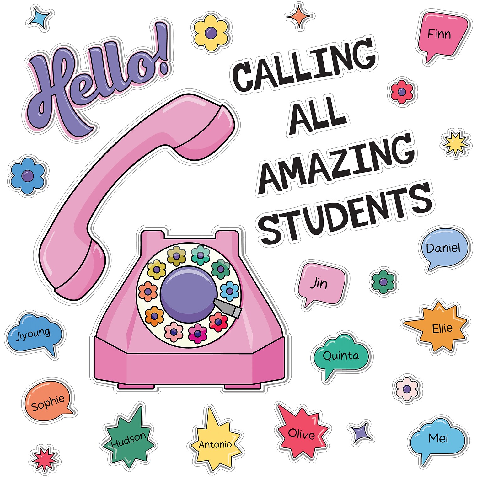Carson-Dellosa Happily Ever Elementary Retro Remix Hello! Calling All Amazing Students Bulletin Board Set (110591)